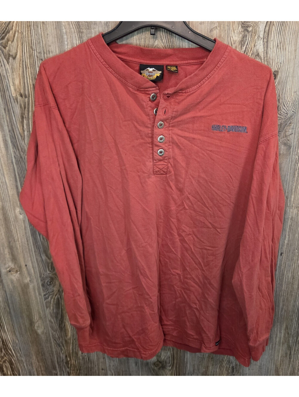 Harley Davidson Motorcycles L/S Henley 1/4 Button Shirt Size XL Red Embroidered